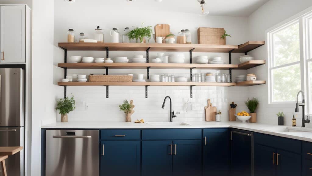 Clean looking kitchen style with white countertop and navy blue shaker cabinets