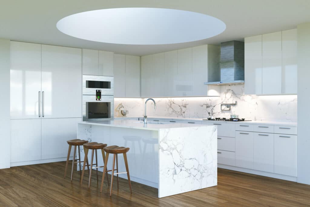 White contemporary kitchen design with elegant countertop and wood flooring