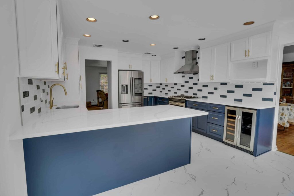 Modern white and blue kitchen design with modern shaker cabinets