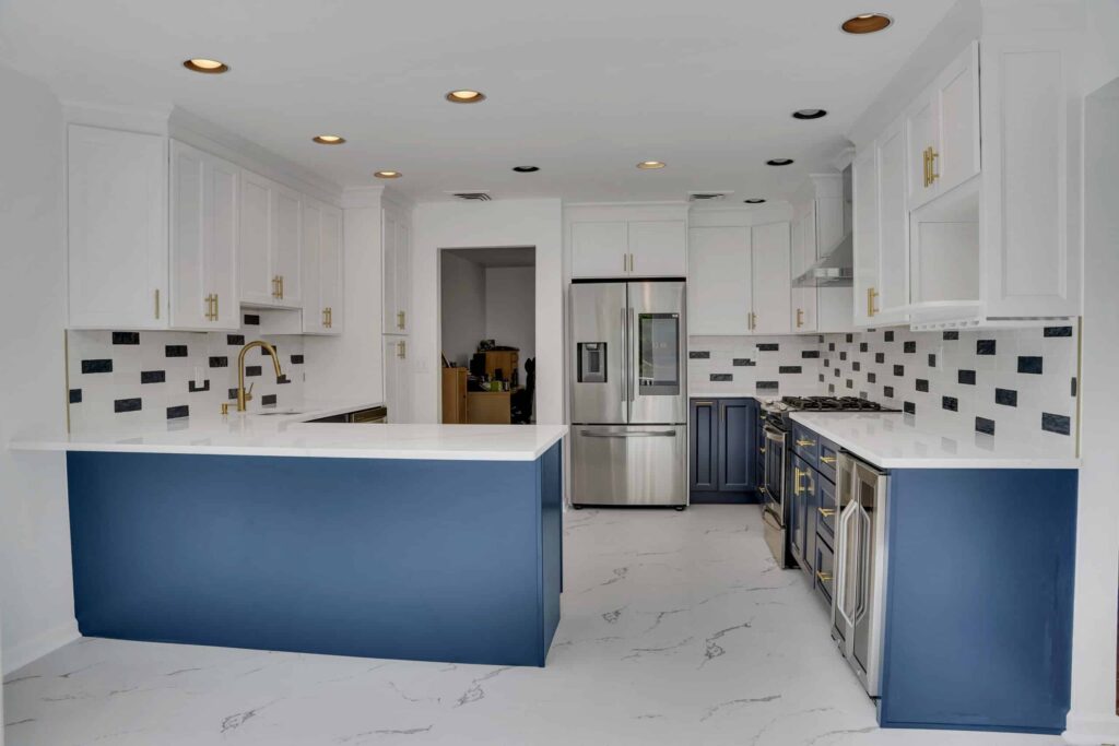 Modern white and blue kitchen design with modern cabinets