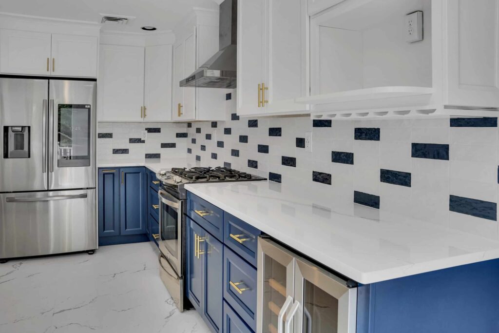 Modern white and blue kitchen design with modern shaker cabinets