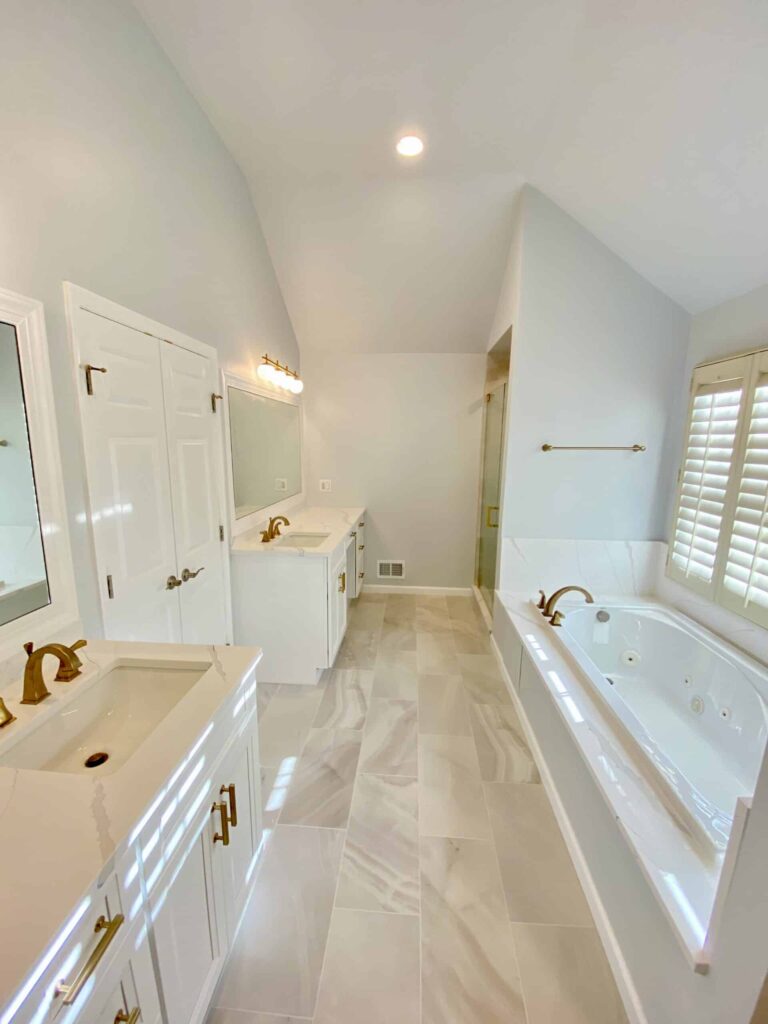 Elegant bathroom style with 2 vanities, a shower, and bath tub