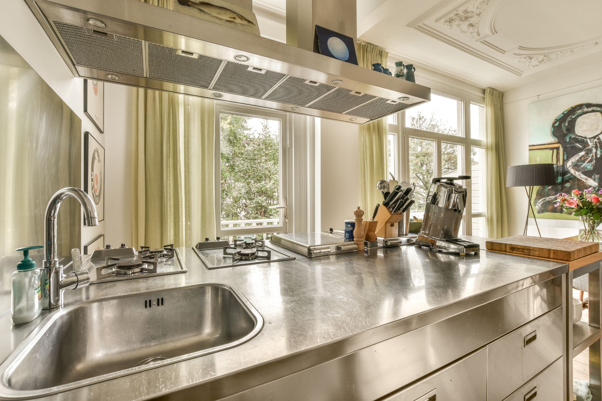 Traditional kitchen style with stainless steel countertop