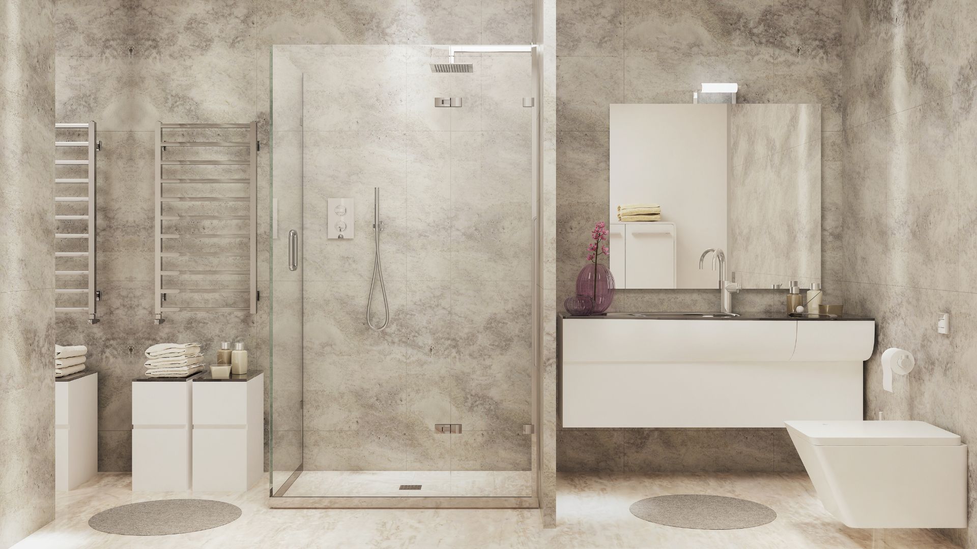 Grey modern bathroom with floating vanity