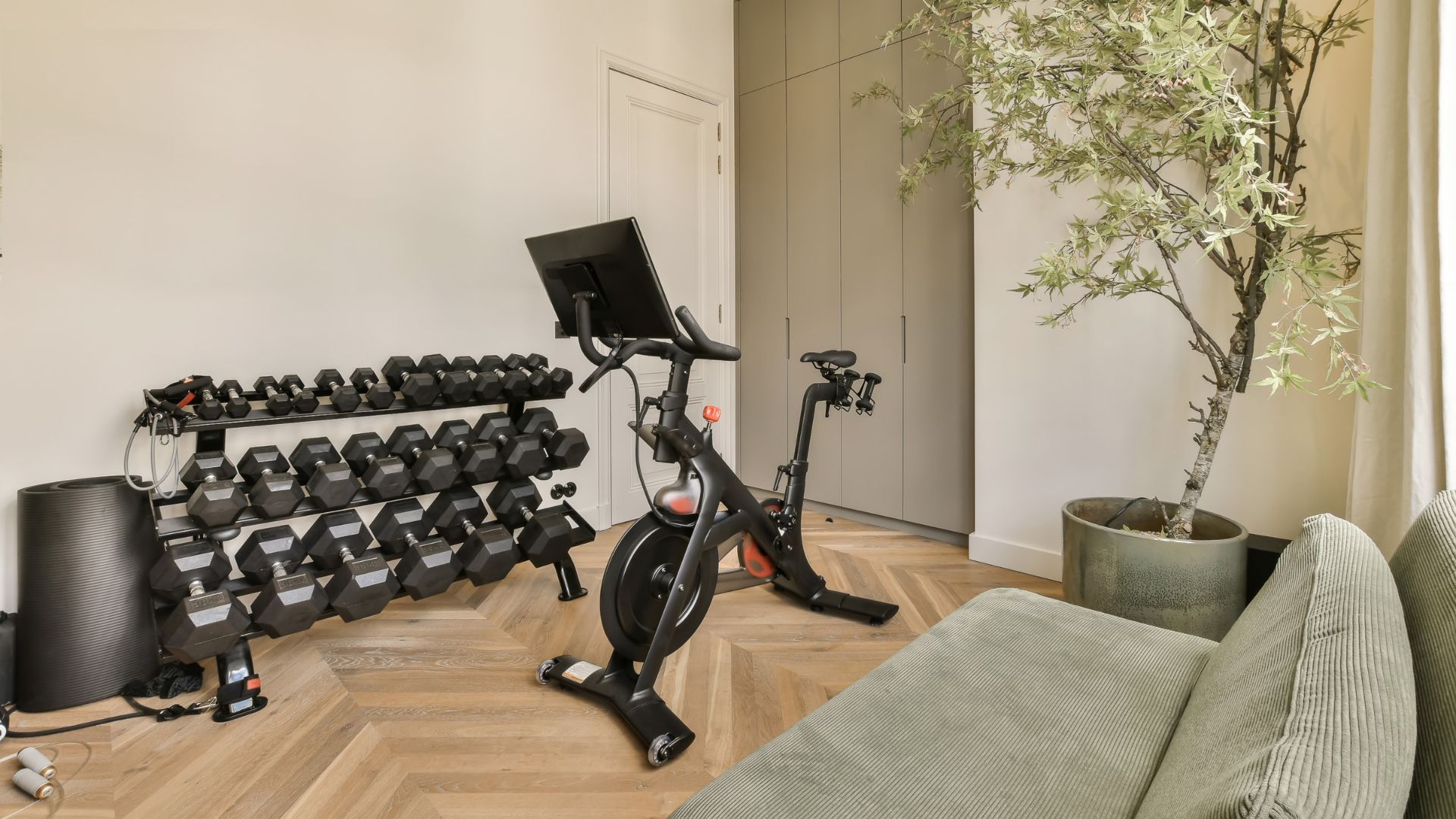 Basement Gym room with weightlifting materials and stationary exercise bike