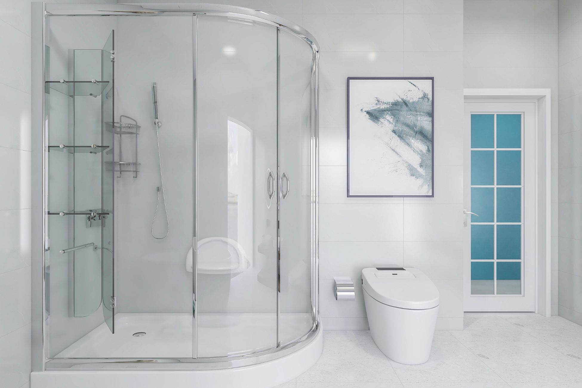 Elegant White Bathroom with curved enclosure shower