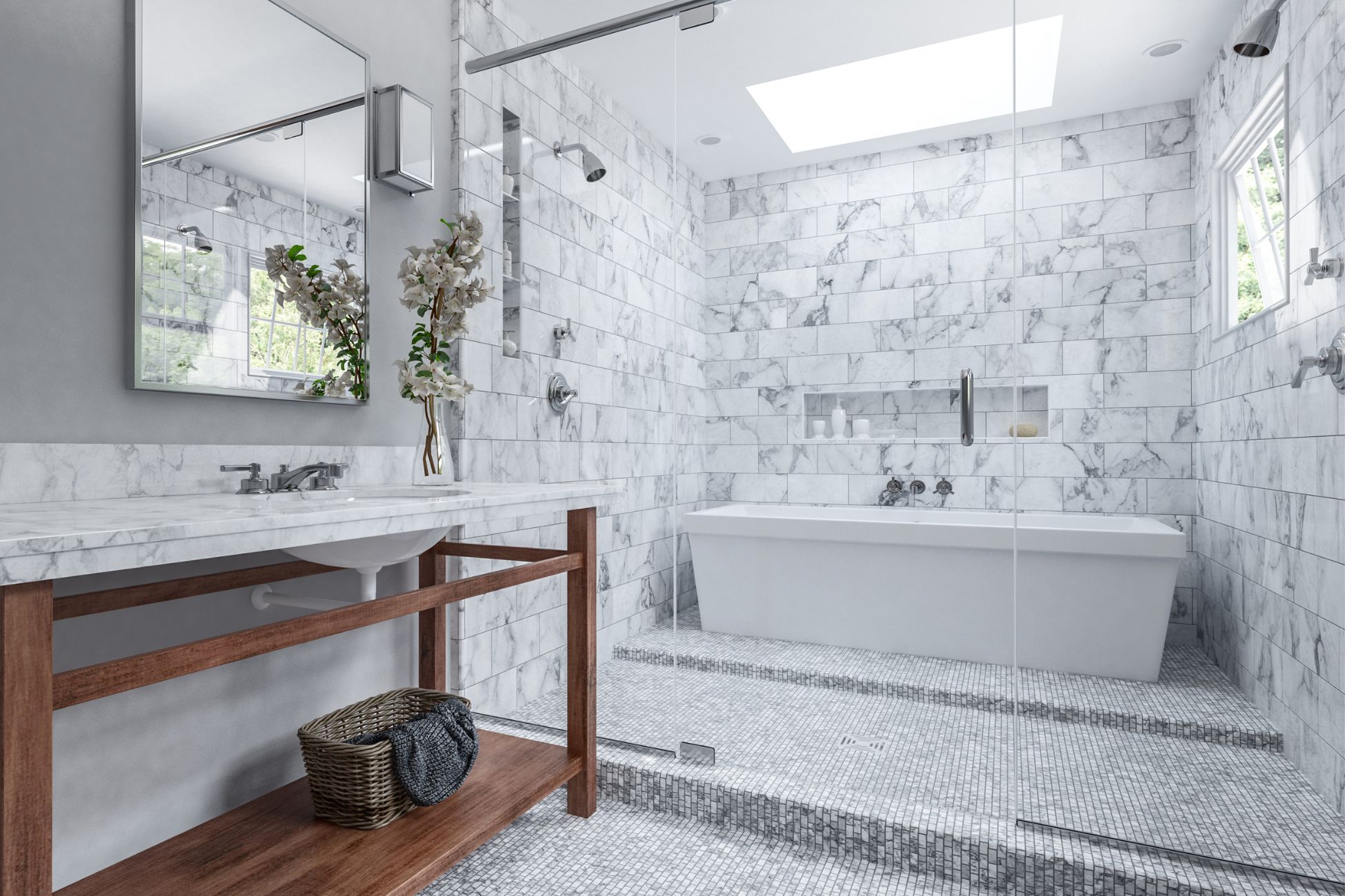 Spacious white bathroom with tub-shower combination