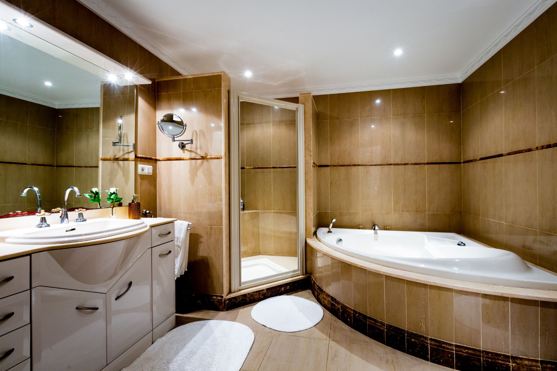 Luxury wood style bathroom with neo-angle shower