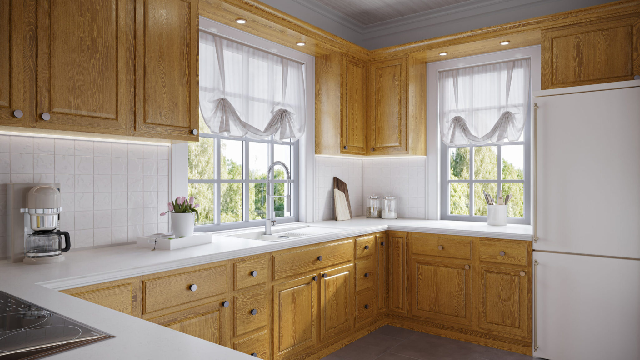 Transitional kitchen style with classic oak wall cabinets and base cabinets