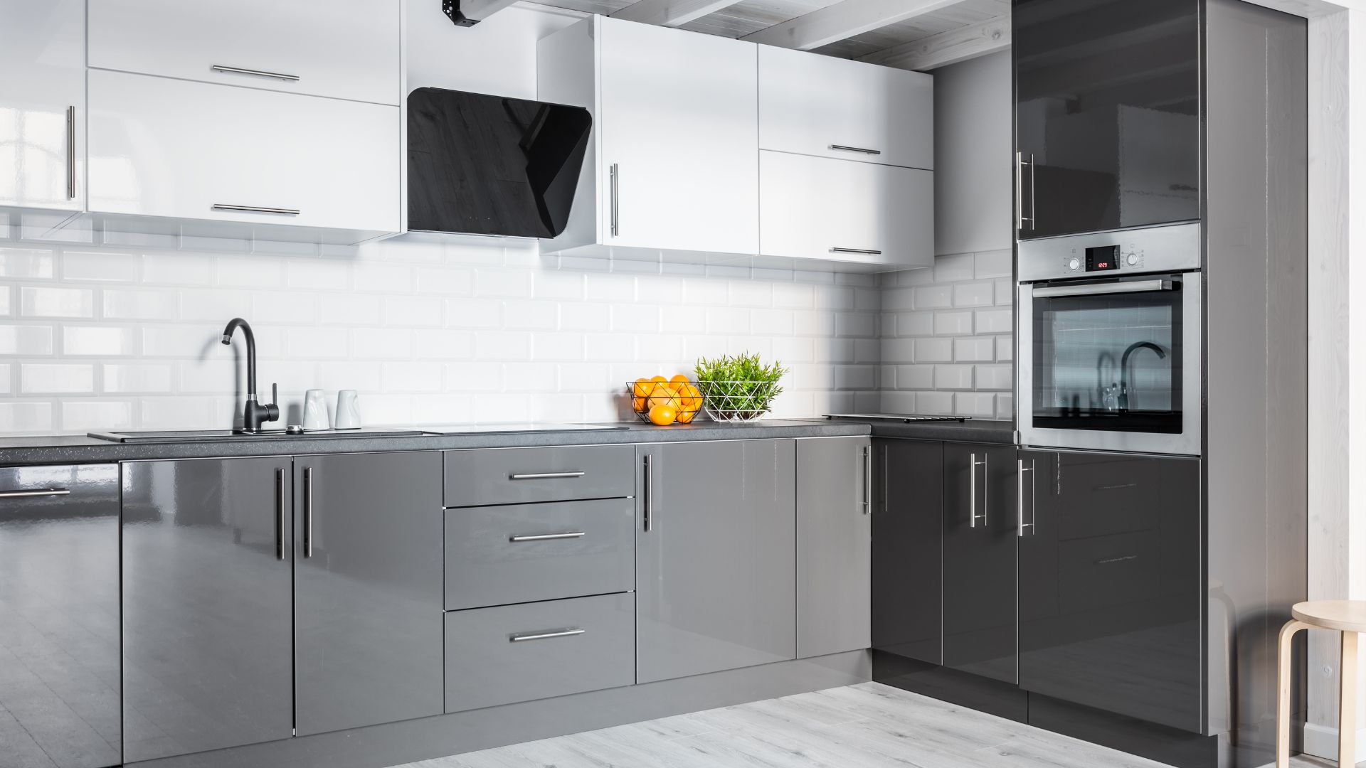 Industrial kitchen style in grey and white cabinets