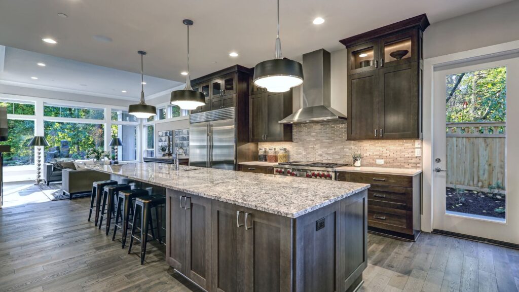 Traditional kitchen style in dark brown cabinet and granite countertop