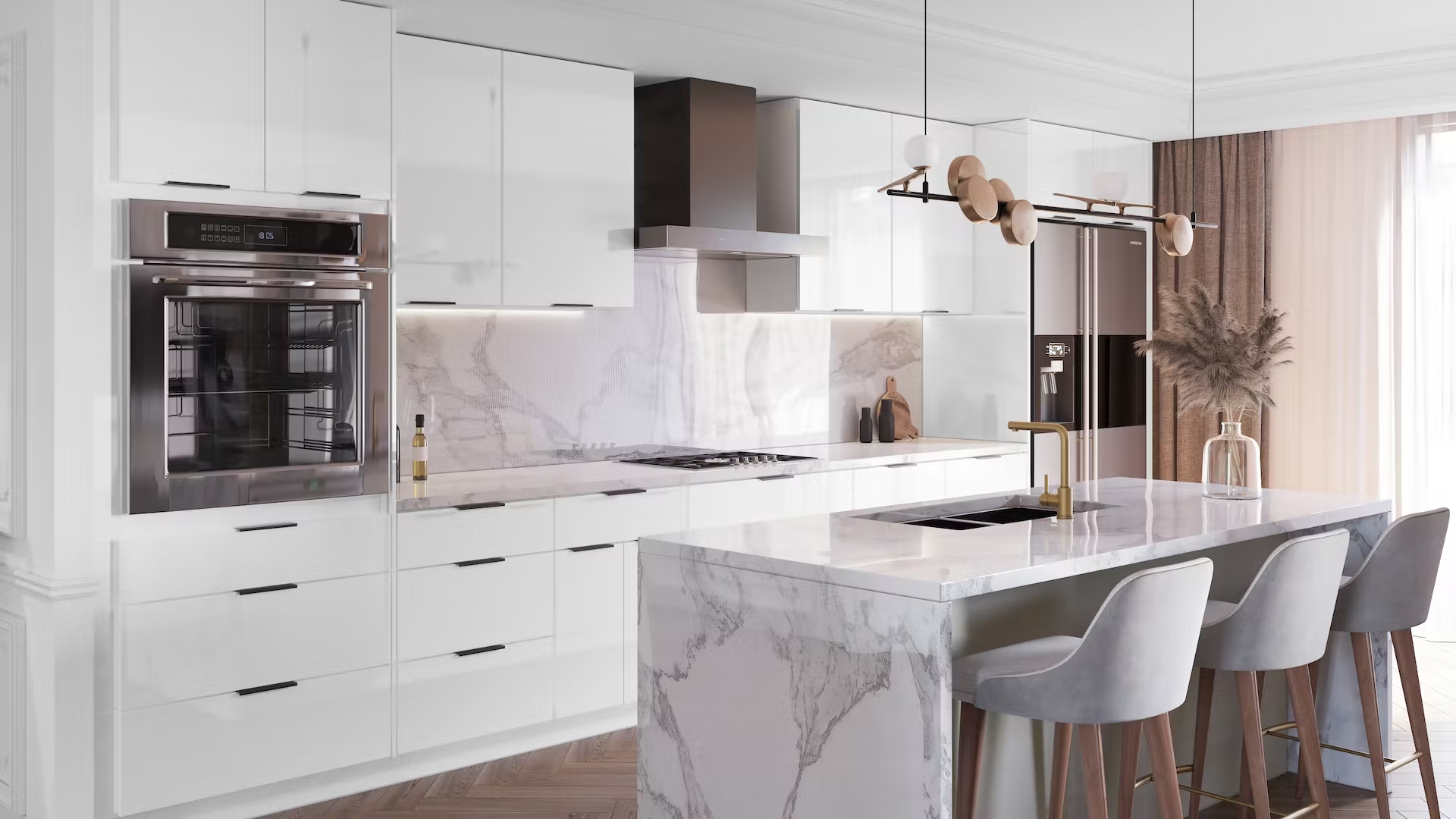 Fabuwood White Contemporary kitchen cabinets with quartz countertop and backsplash