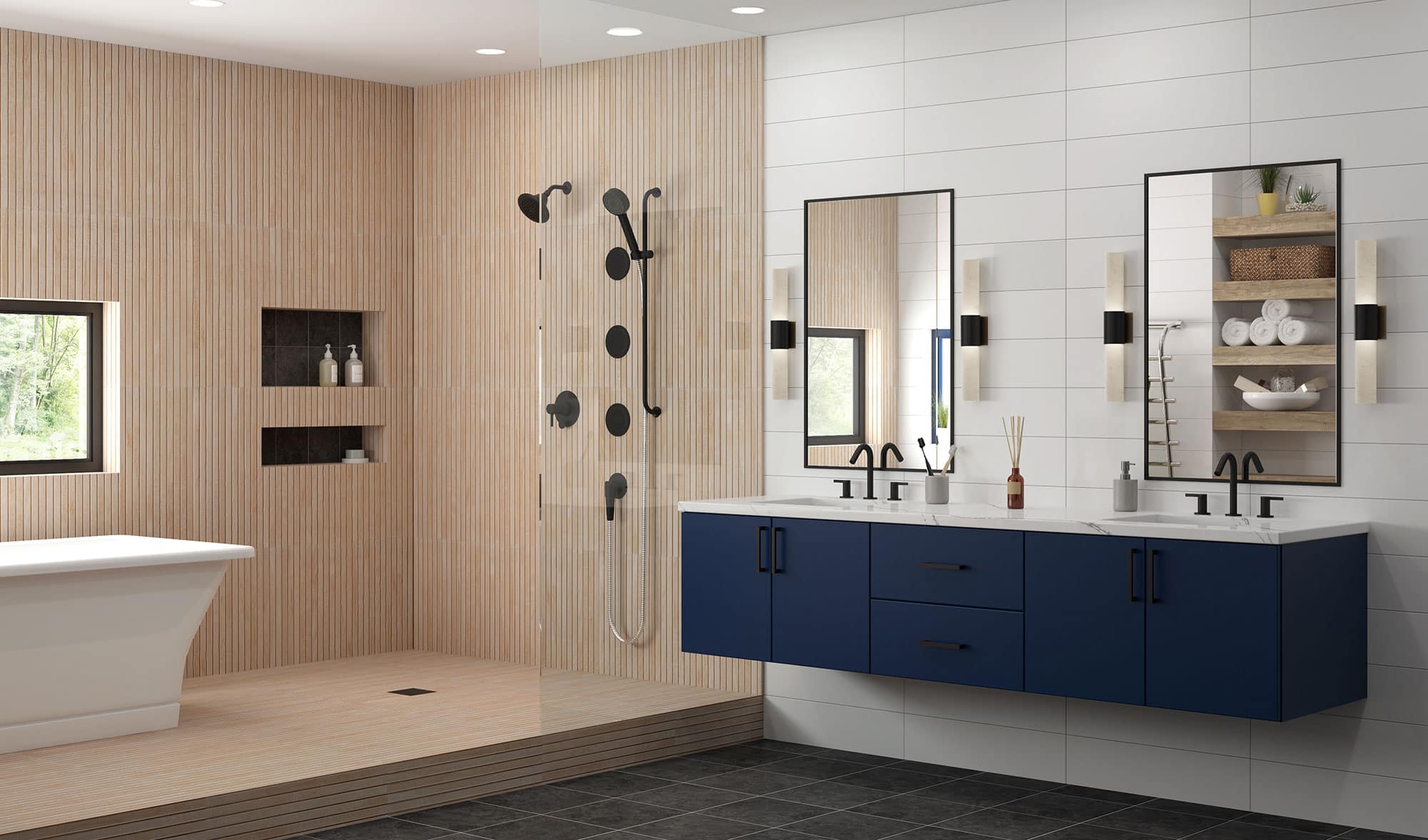 Modern bathroom with blue wall-mounted vanity and wood surround shower and tub combination