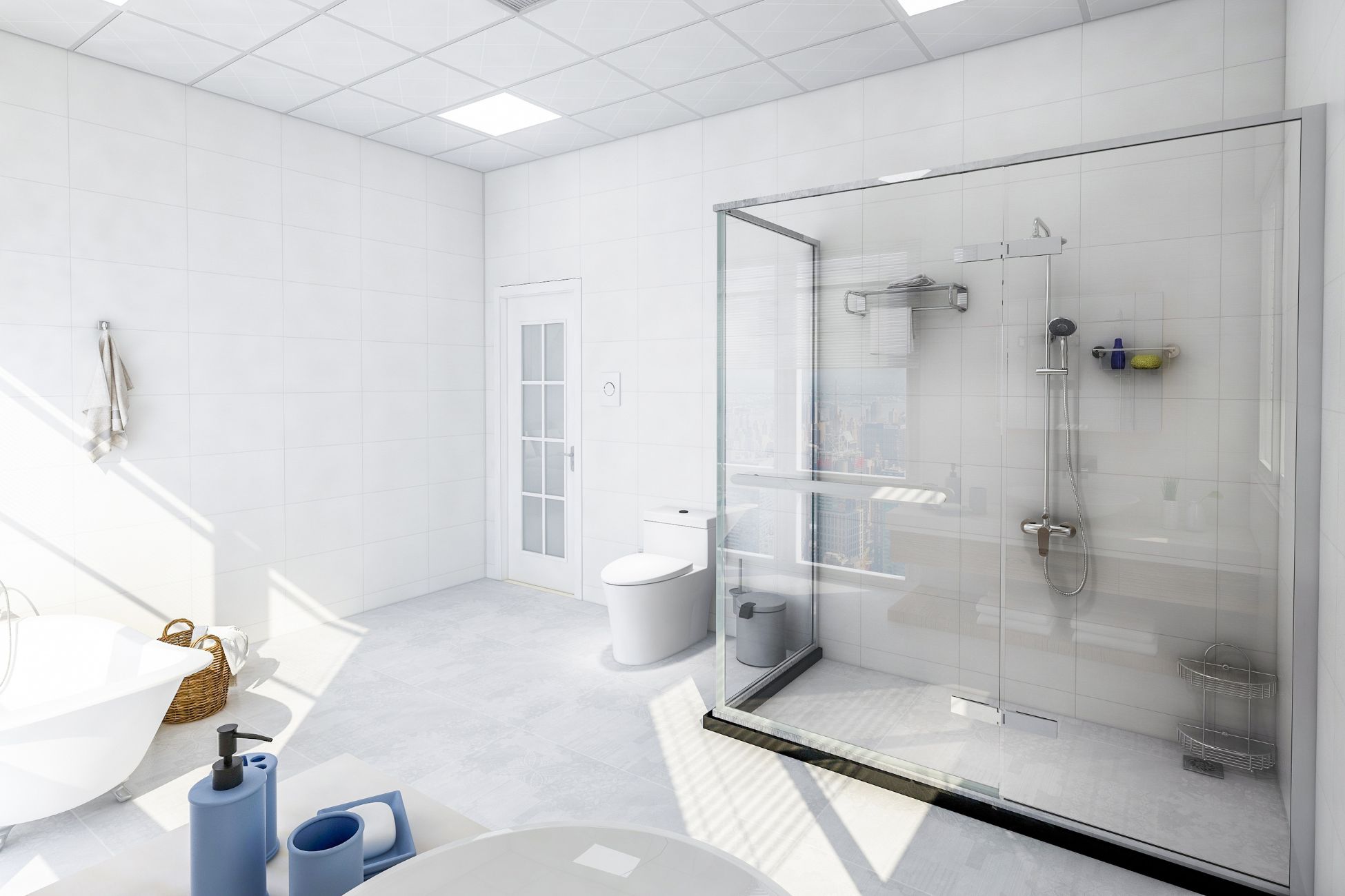 Spacious White bathroom with corner enclosure shower