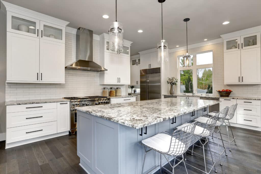 Luxury kitchen with white cabinet and granite countertop