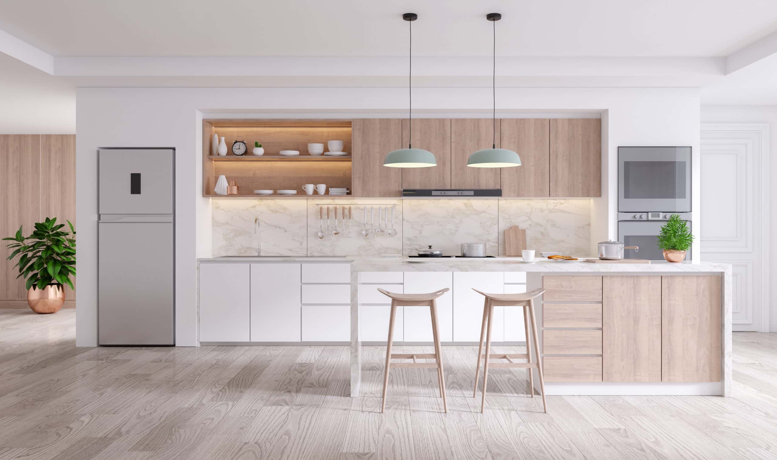 Elegant Contemporary Kitchen with wood flooring and luxurious backsplash