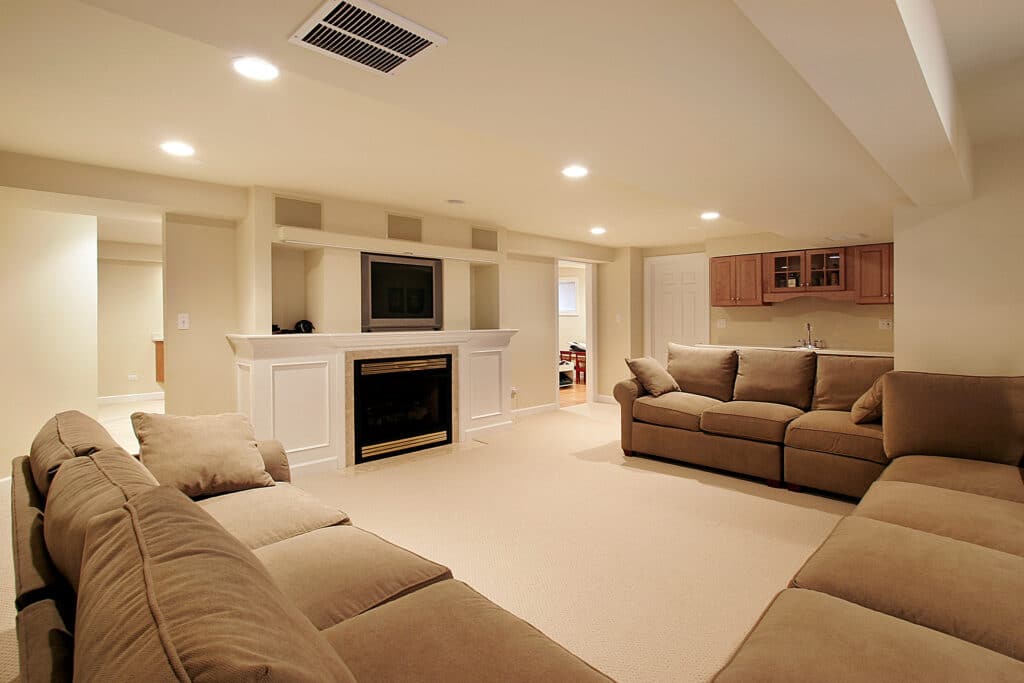 Luxury basement living room in beige and white theme