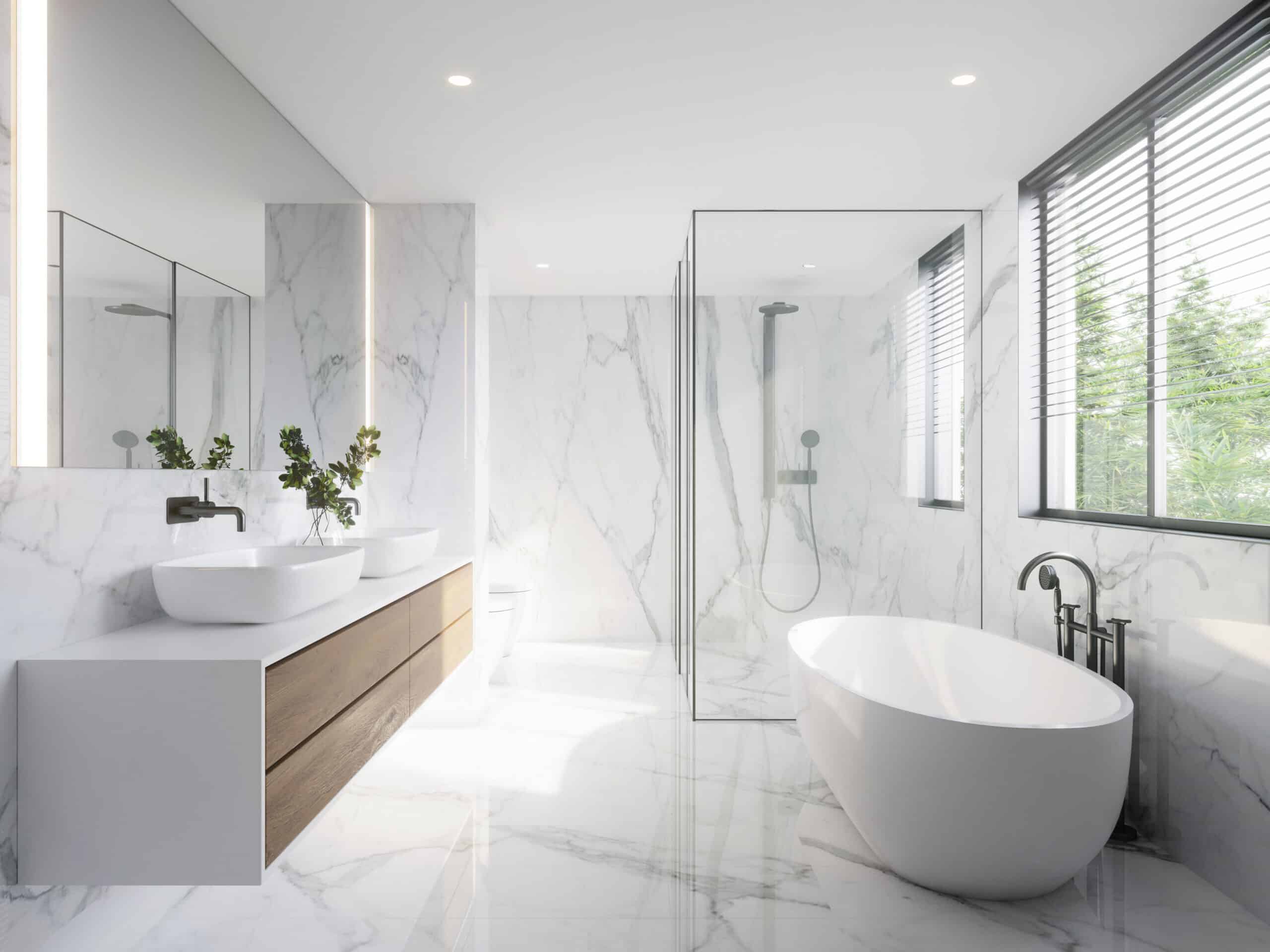 White modern bathroom with Body Shower, white bath tub and floating vanity