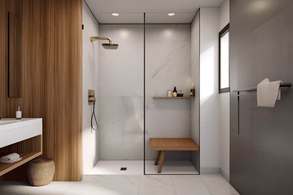 Modern style bathroom with wall mounted vanity and combination of wood wall and white surround stone