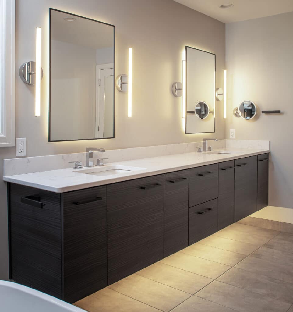 Modern bathroom with dark brown flat slab cabinet with white countertop