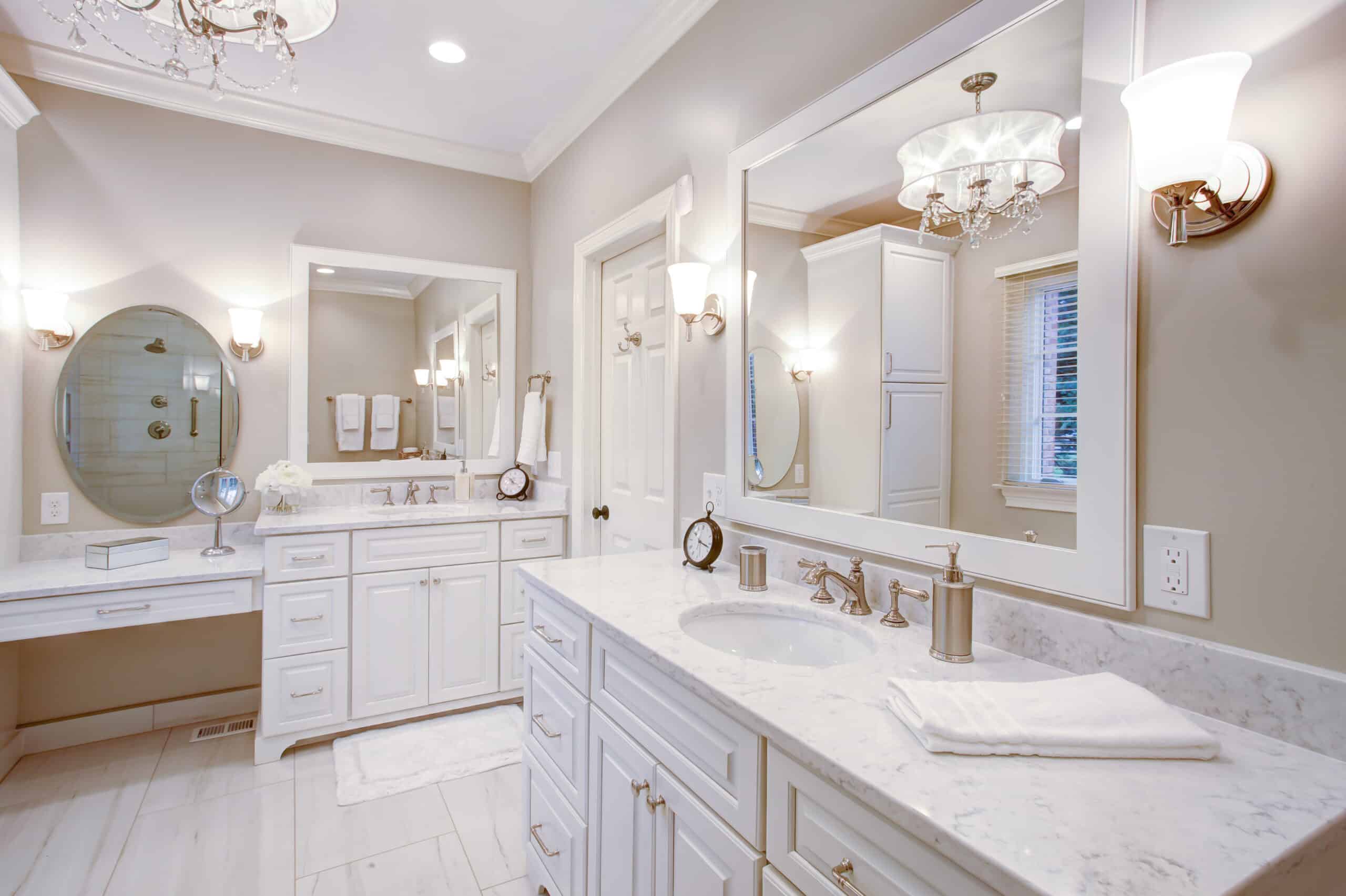 White Traditional Bathroom with white cabinets