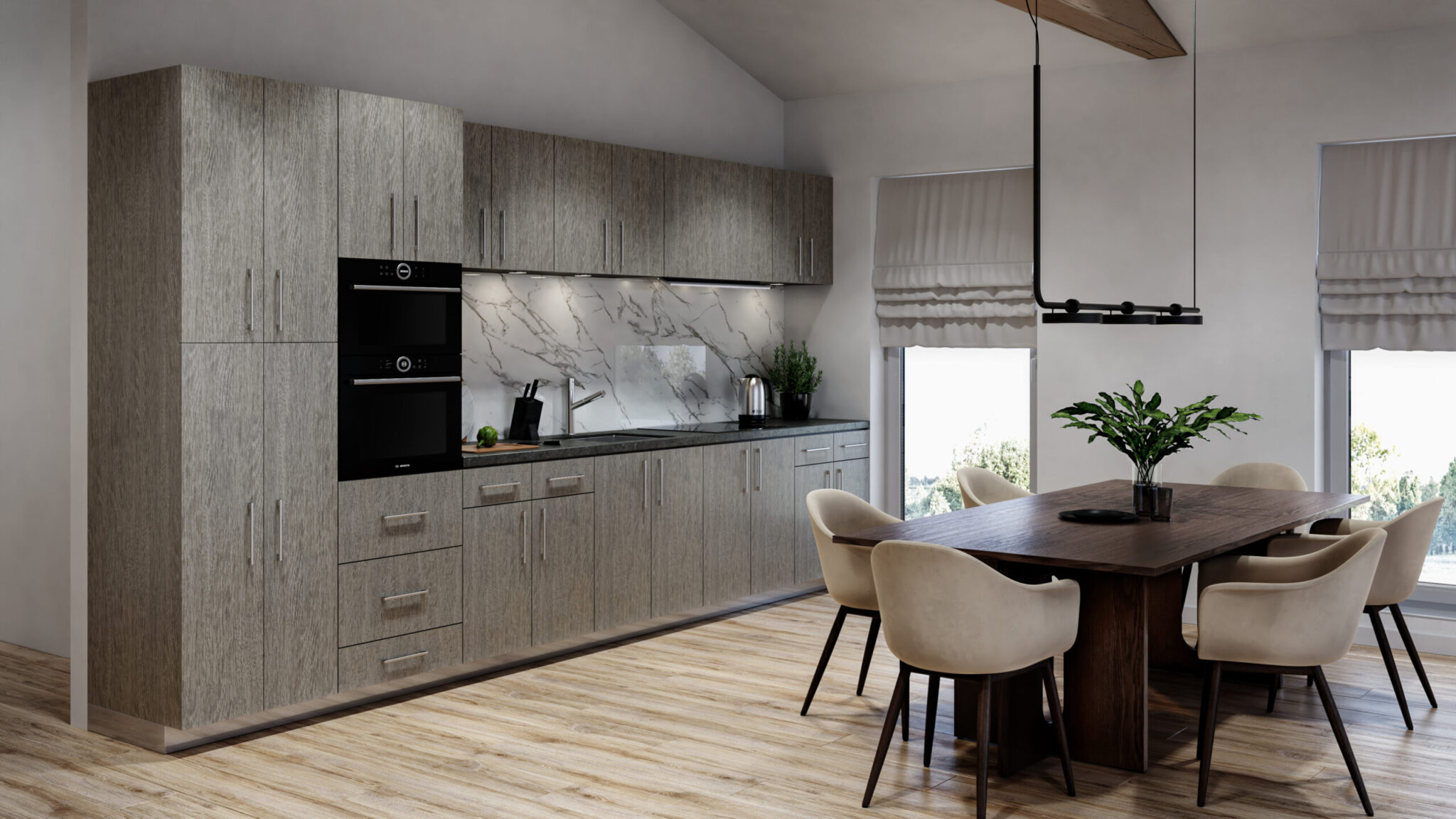 Modern kitchen style with contemporary grey kitchen cabinets