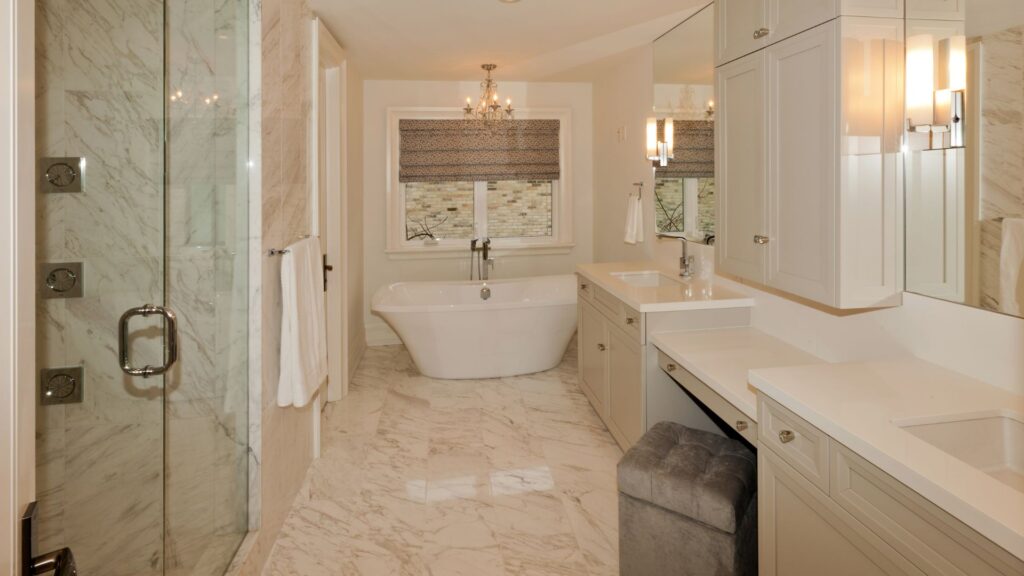 Spacious cream bathroom style with beige transitional bathroom cabinets, shower and bath tub