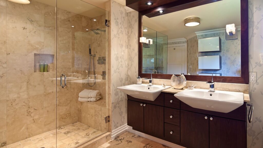 Small bathroom style with dark brown contemporary cabinets