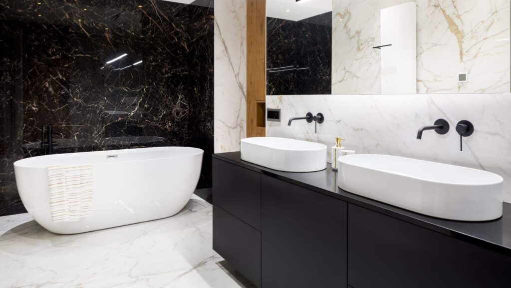 Elegant bathroom style with black contemporary cabinets