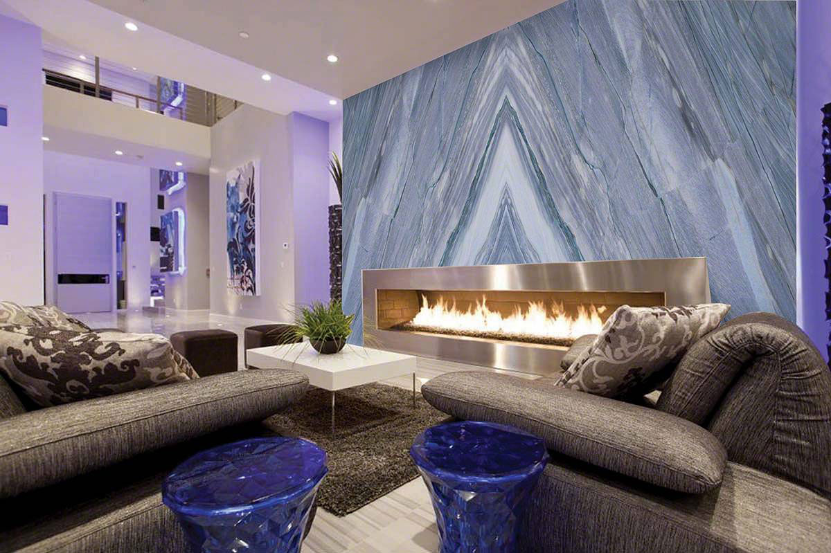 Luxury Living room with huge Azul Imperiale Quartzite wall