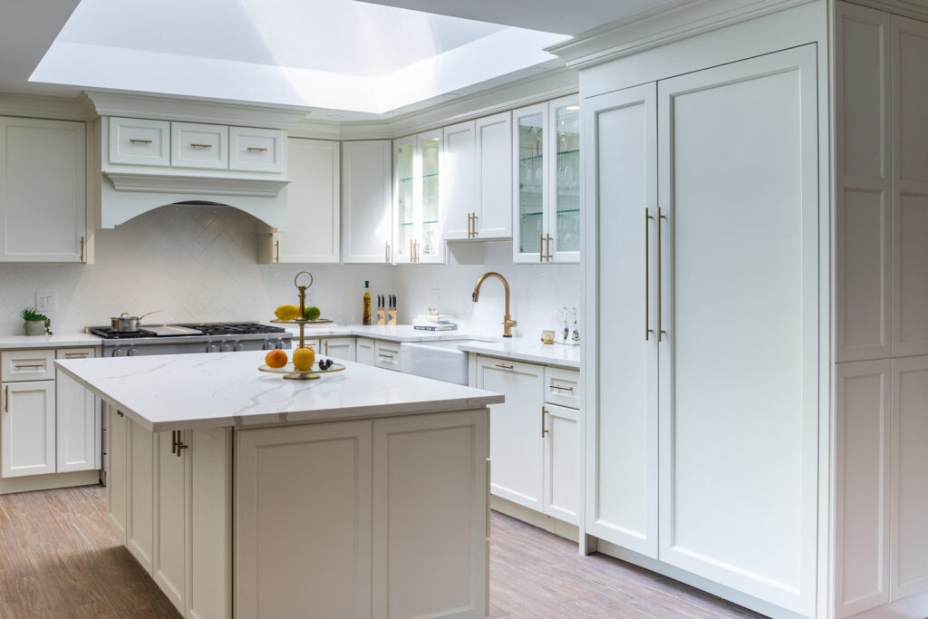 Transitional white kitchen style with base and wall cabinets