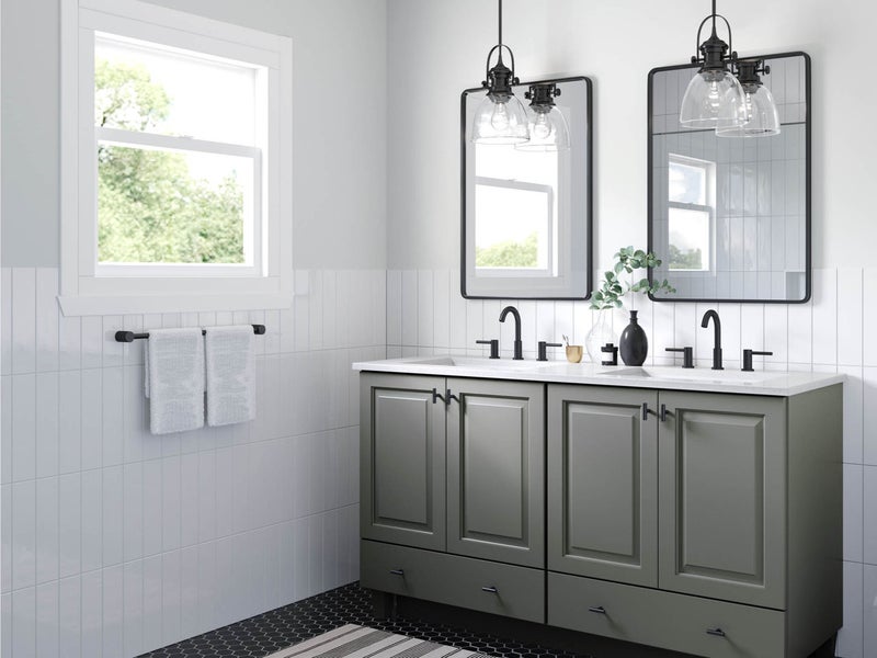 Farmhouse bathroom style with grey cabinet and white countertop