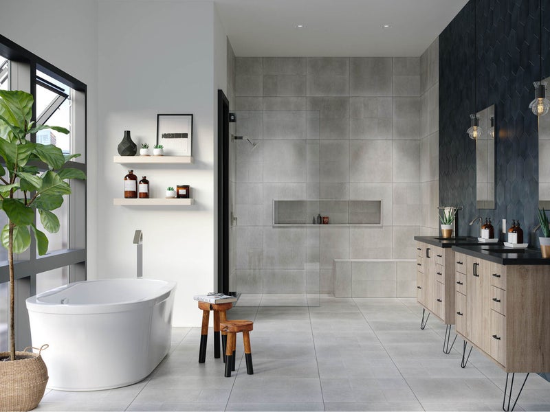 Simple bathroom with grey flooring tiles, brown bathroom vanity and white bath tub