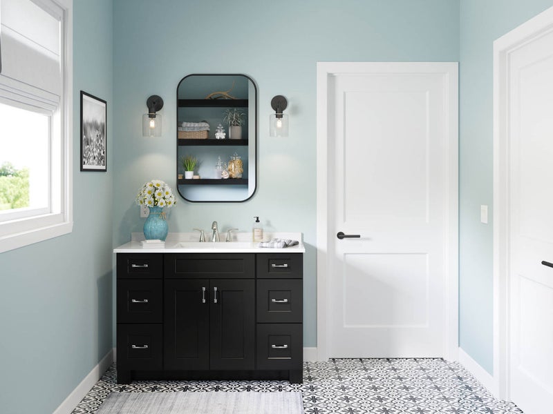 Beach bathroom style with dark brown cabinet, white countertop and sky blue painting