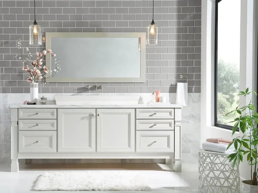 Clean white bathroom style with white transitional bathroom cabinets