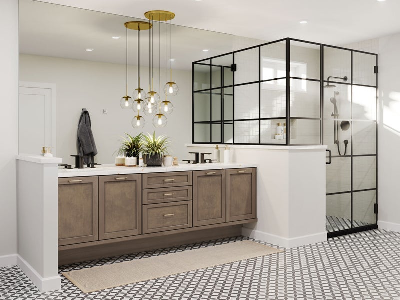 Traditional bathroom style with brown wooden cabinets with white countertop