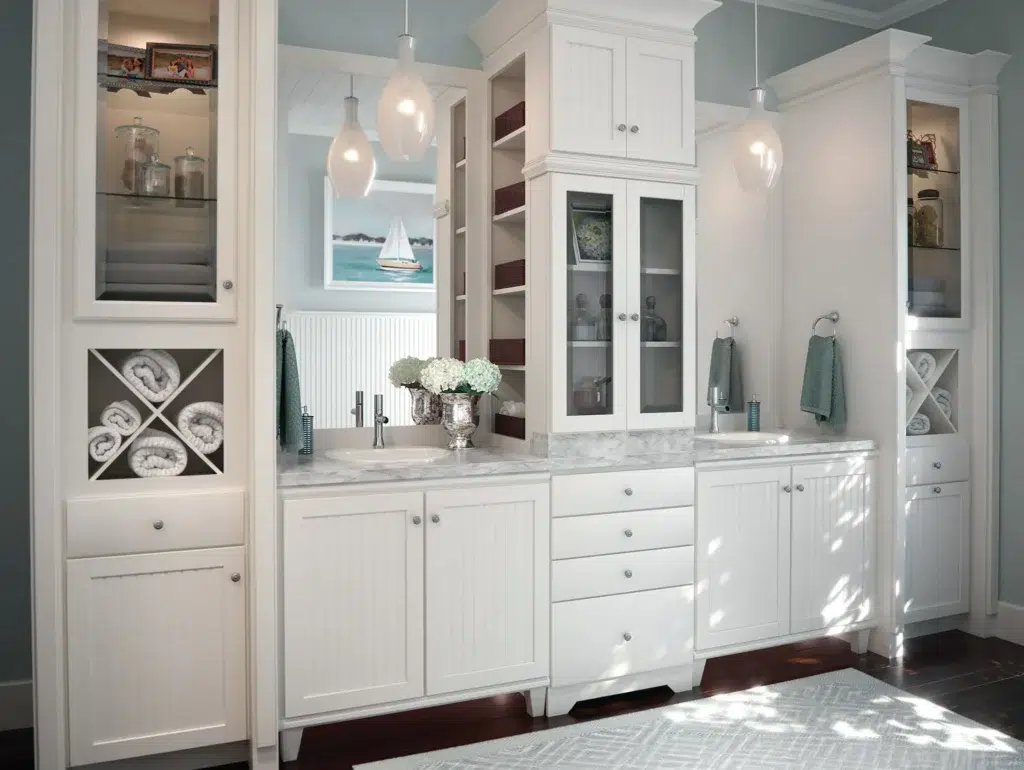 Spacious white bathroom style with white transitional bathroom cabinets