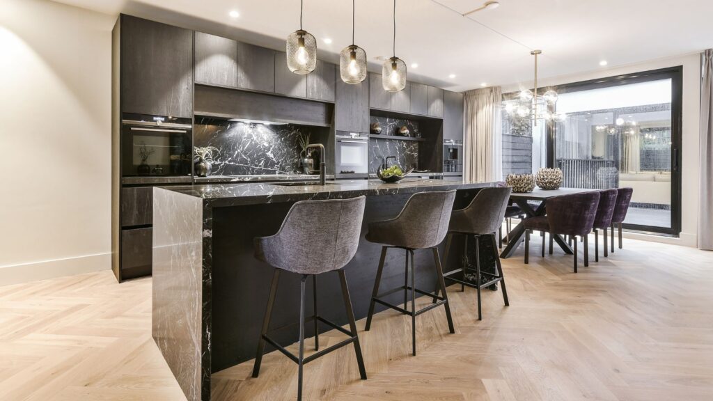 Modern kitchen style in dark brown cabinet and countertop