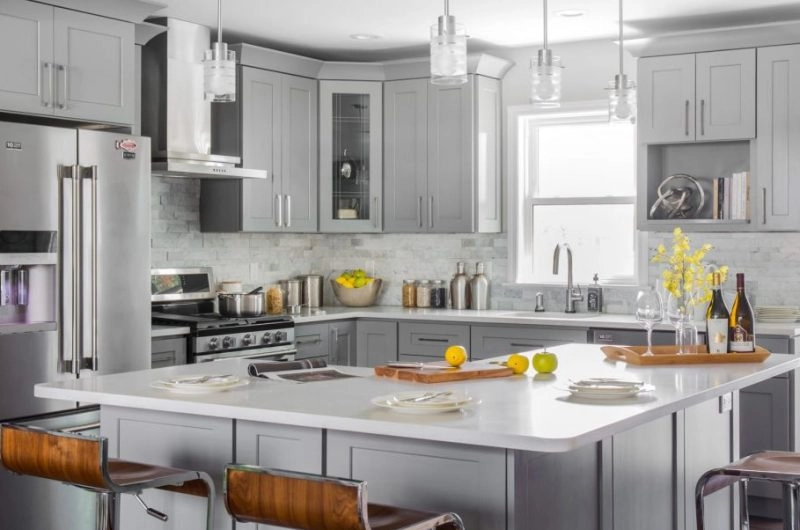 Modern grey kitchen design with white countertop