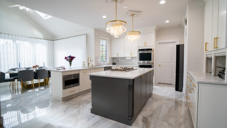 Luxury kitchen style with white cabinets and grey kitchen island