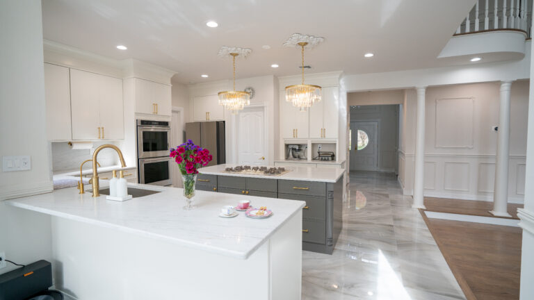 Luxury kitchen style with white cabinets and countertops