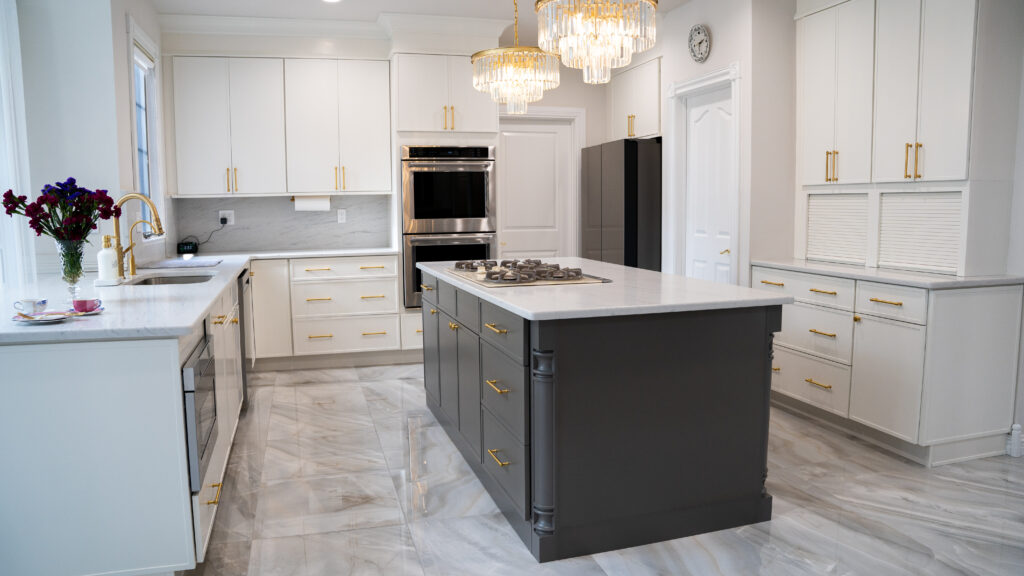 Luxury kitchen style with white cabinets and grey kitchen island