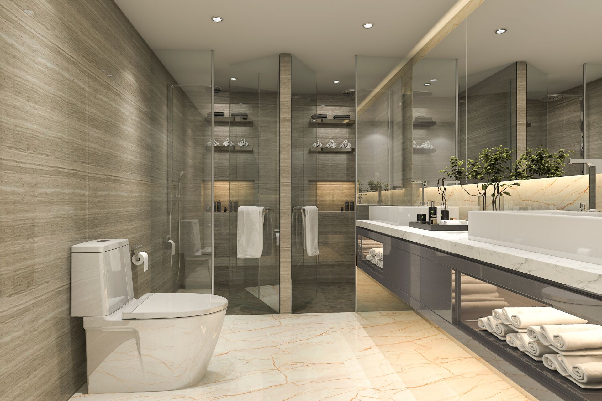 Luxury bathroom style with toilet, floating vanity, and shower room