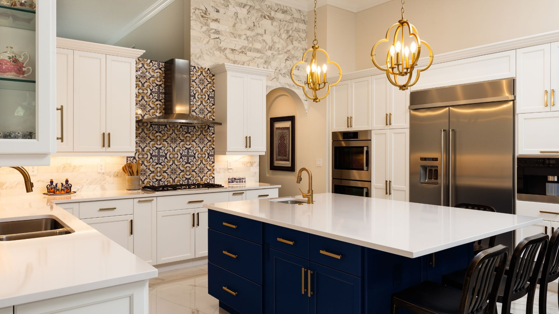 Navy Blue Cabinets Paired with Gold and Gray