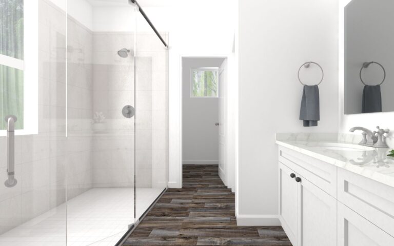 White bathroom with shower and vanity