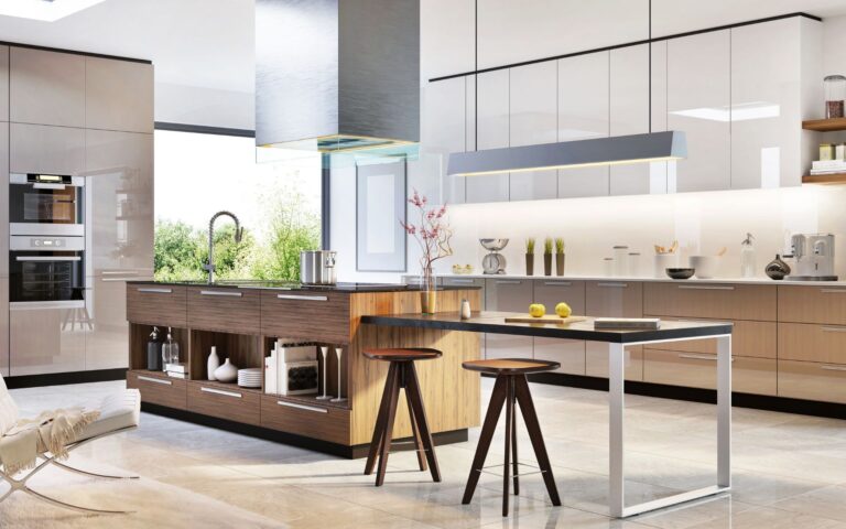 Spacious kitchen with appliances and brown/white cabinets
