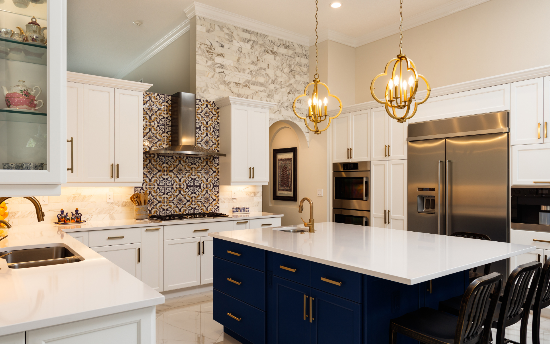 Elegant kitchen with white and blue cabinets