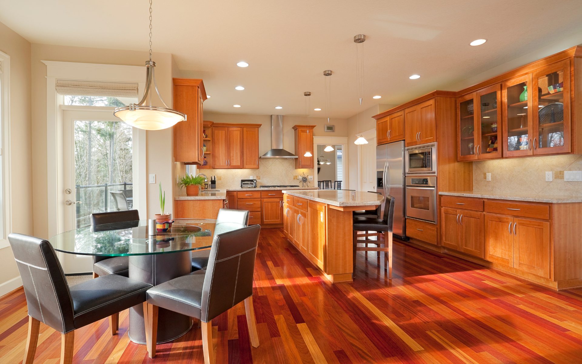 Elegant brown kitchen with linoleum flooring