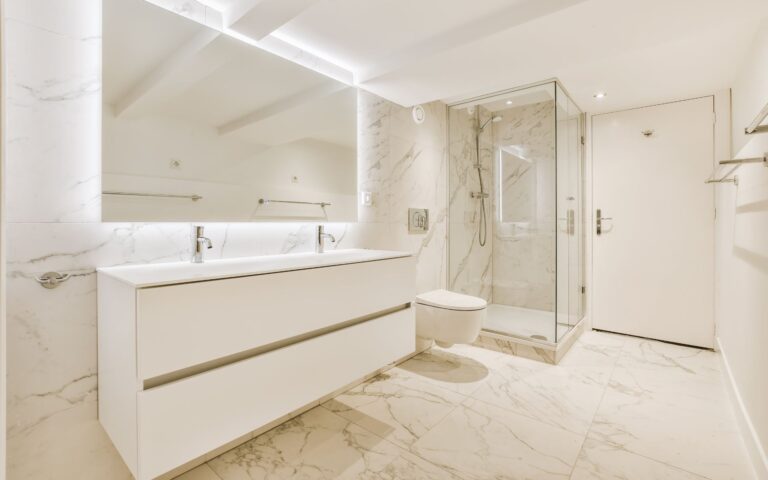 Elegant light bathroom with floating double-sink vanity, toilet, and a shower