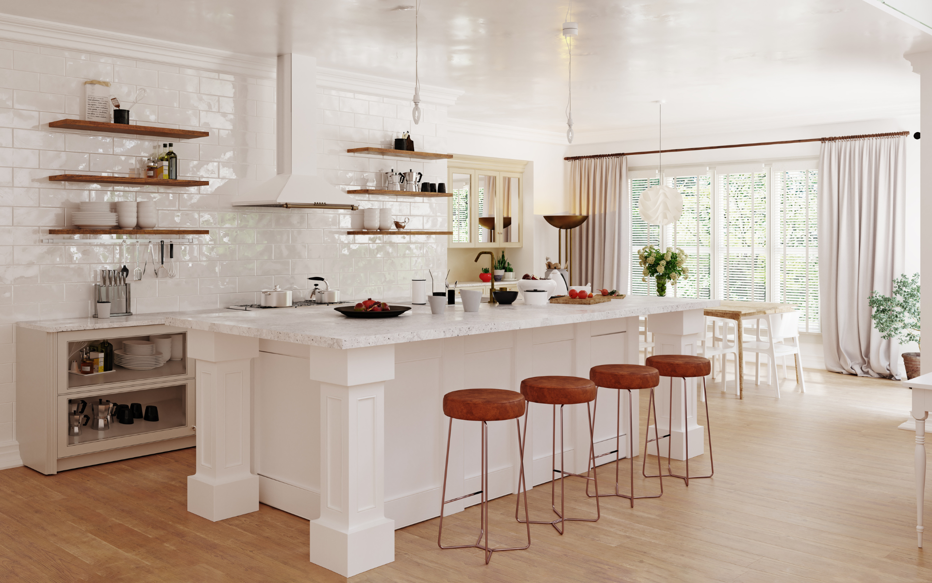 Spacious kitchen with white cabinets, open shelving, and white countertop